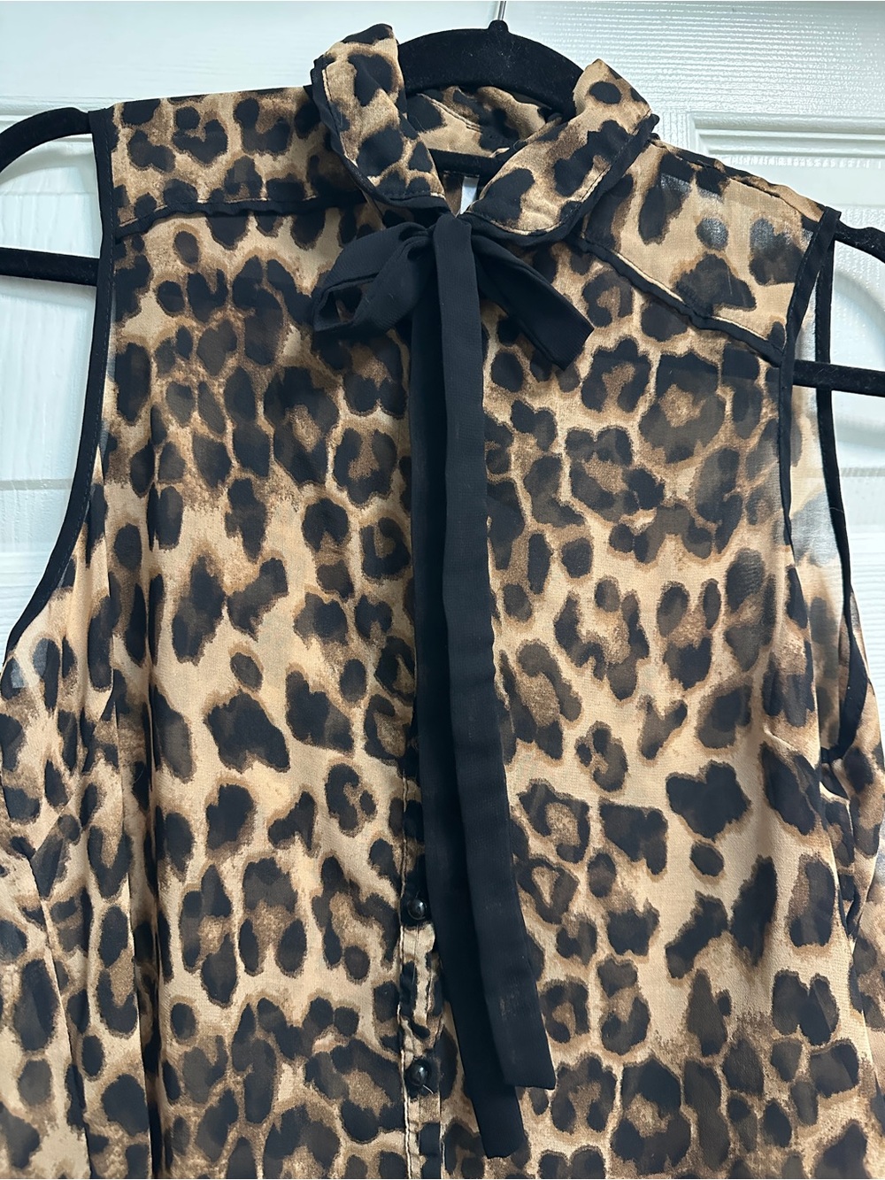 Sleeveless Leopard Print Tie-Neck Blouse - Brown/Black size L